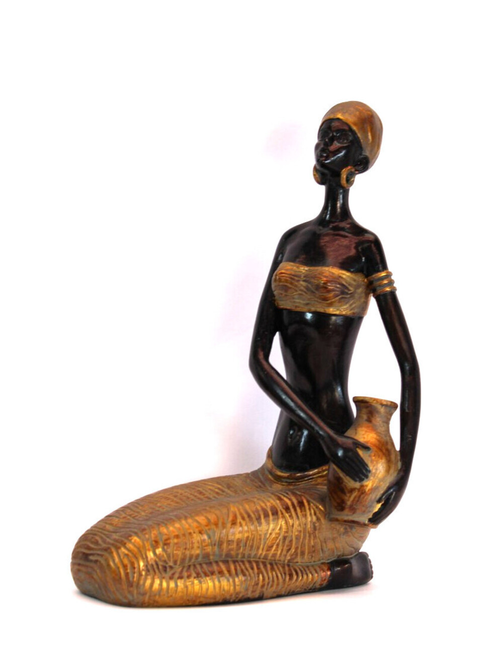 African Kneeling Tribal Woman Resin Sculpture Water Bearer 10"x7" Blk/Gold